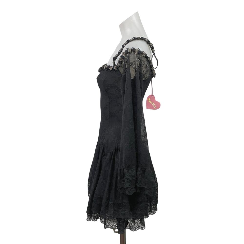NEW Sugar Thrillz Black Lace Sheer Flowers Long Bell Sleeve Mini A-Line Dress XS - Picture 2 of 5